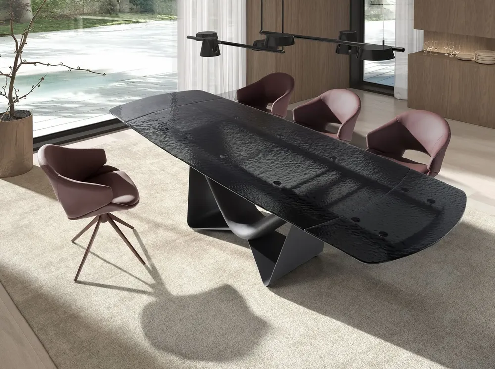 Dining Tables - Extendable barrel oval dining table in black glass, steel, dark grey fiberglass and metal - ANGEL CERDÁ