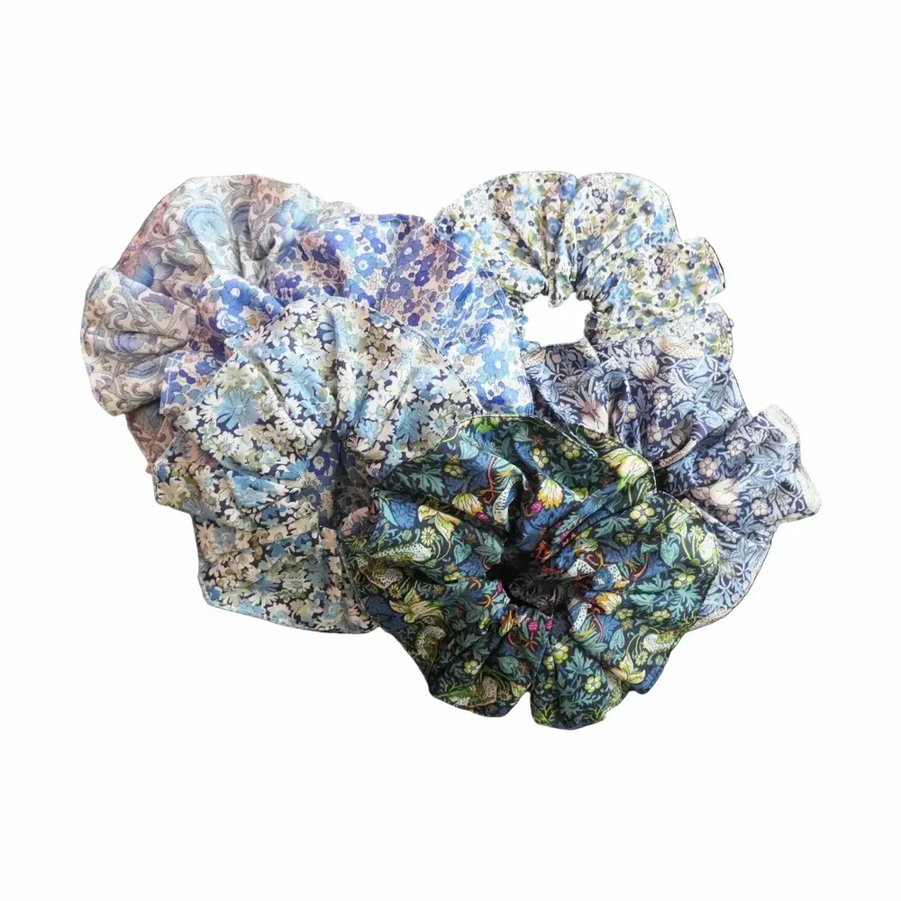 Hair accessories - 6 Assorted Blues Cotton Scrunchies - Liberty Collection - LIME TREE DESIGN