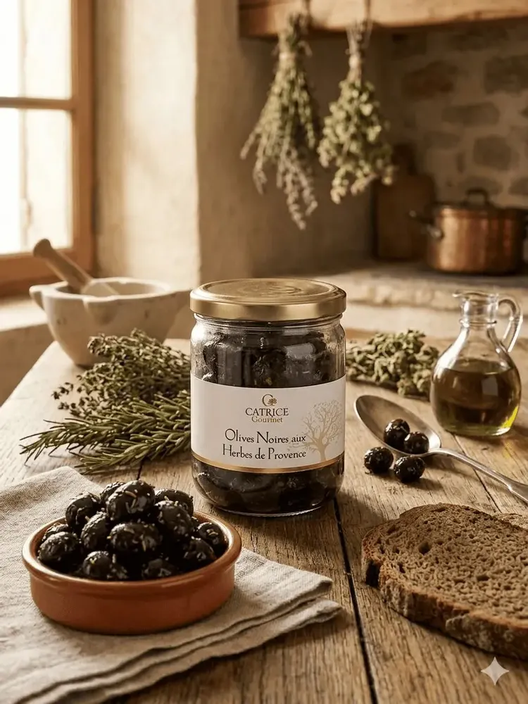 Épicerie fine - olives noires aux herbes de Provence 230g - CATRICE GOURMET