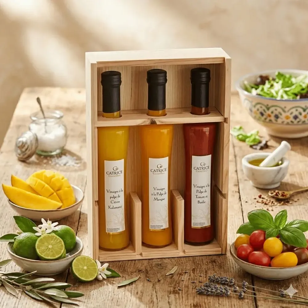 Delicatessen - GIFT SET Wood Discovery 3 Vinegars Fruit Pulp Kalamansi Pulp Vinegar (Lemon) Original Bottle 20cl Mango Pulp Vinegar Original Bottle 20cl Tomato-Basil Pulp Vinegar Original Bottle 20cl Wooden box aperitif tray - CATRICE GOURMET