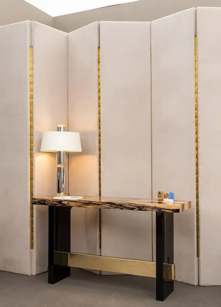 Hotel bedrooms - Lobby Console Geometry Grey Figured Sikomoro Top Bronze Lacquered Wood - DUISTT