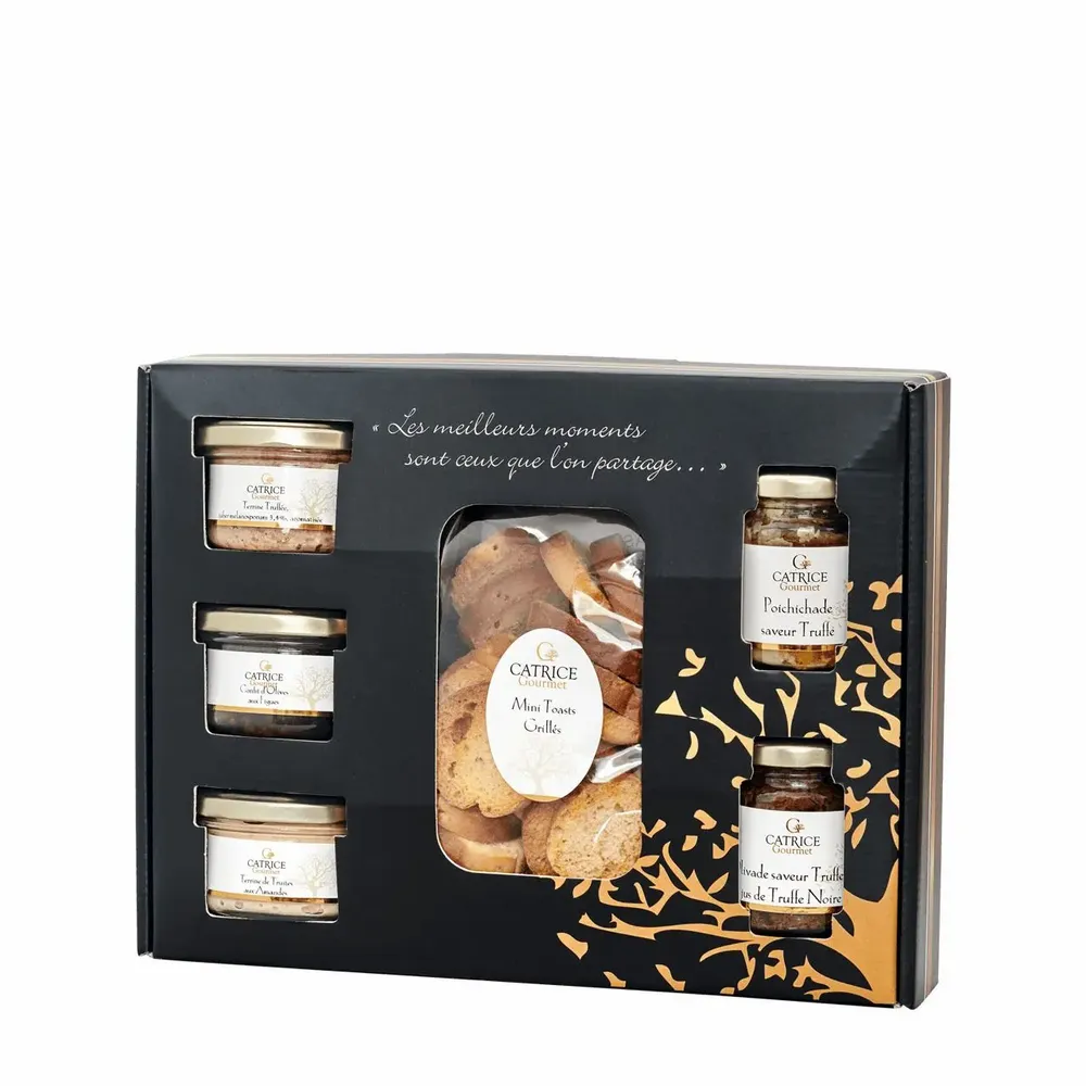 Épicerie fine - COFFRET APERO Festif Poichichade saveur truffe 80g Olivade saveur truffe & jus de truffe noire 80g Terrine de truite aux amandes 100g Terrine truffée, tuber mélanosporum 3,4%, aromatisée 100g Confit d'olives aux figues 100g Toasts 75 g - CATRICE GOURMET