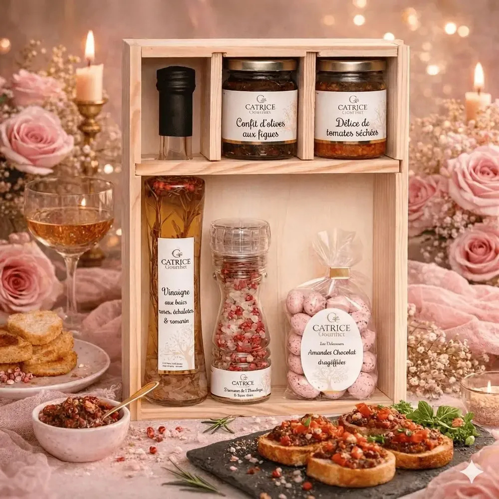 Delicatessen - Pink Gourmet Wood BOX Sun-dried tomato delight 80g Olive Confit with Figs 100g Vinegar with pink peppercorns, shallots and rosemary Original Bottle20cl Himalayan Diamonds & Pink Peppercorns 100g Petit moulin Sugared chocolate almonds 150g -1,09 €) Wood... - CATRICE GOURMET