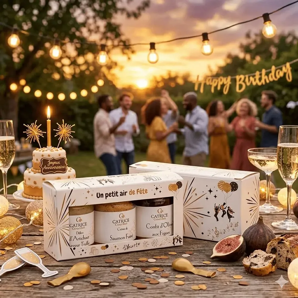Delicatessen - BOX Un petit air de Fête A Festive Air BOX Truffle flavoured chickpea spread 80g Smoked salmon spread 80g Candied red Onions 100g (or Candied Onions with figs) - CATRICE GOURMET