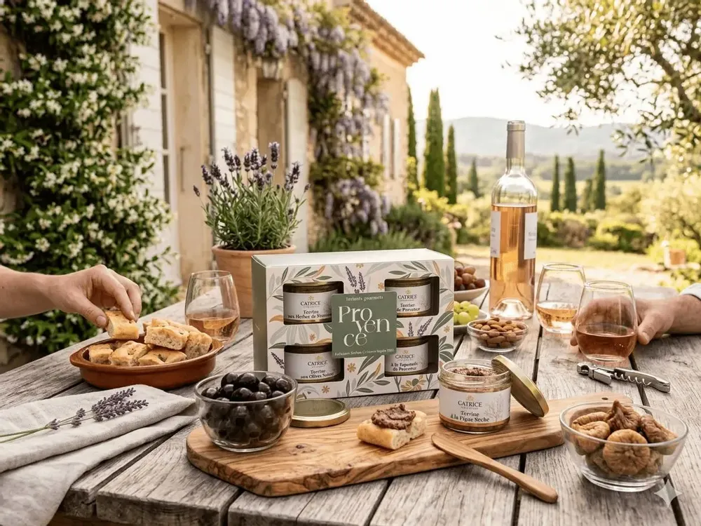 Delicatessen - Box of 4 Terrines Black olive terrine 100g Dried Fig Terrine 100g Lavender Flower Terrine 100g Farigoule terrine 100g - CATRICE GOURMET