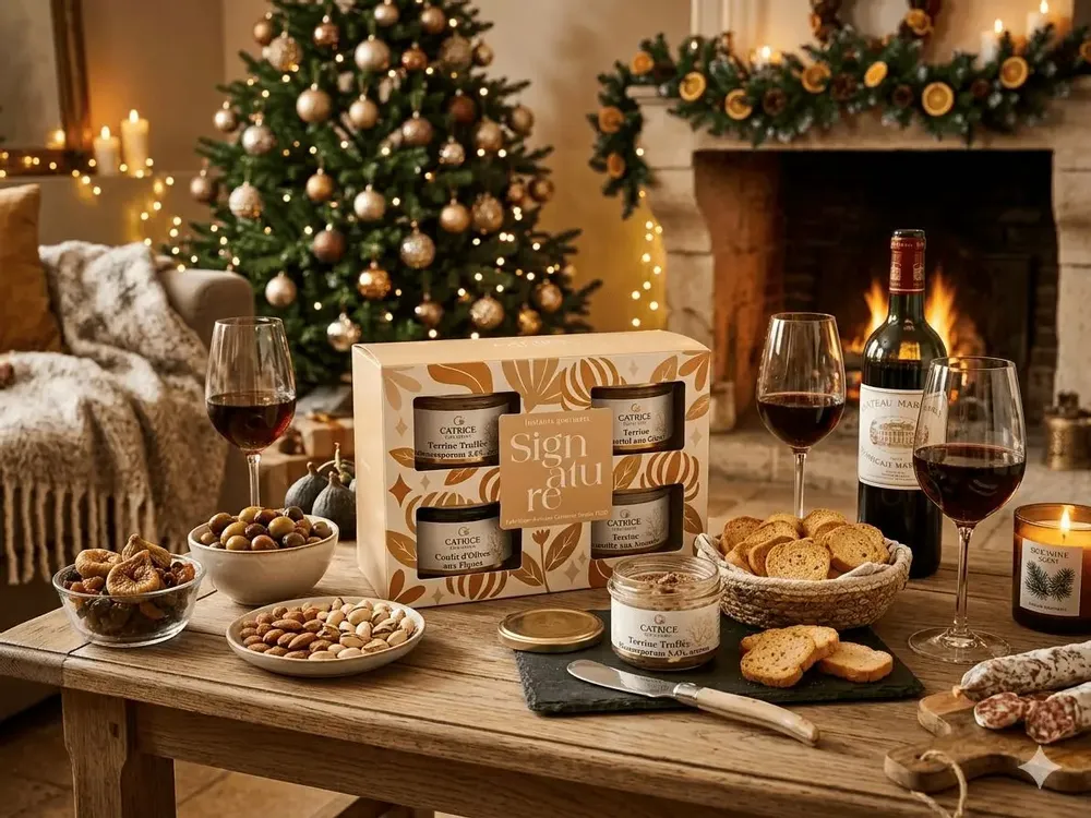 Épicerie fine - COFFRET Instants Gourmets Signature Nouveauté 2026 Terrine de truite aux amandes 100g Terrine truffée 100g Terrine de chevreuil aux châtaignes 100g Confit d'olives aux figues 100g - CATRICE GOURMET