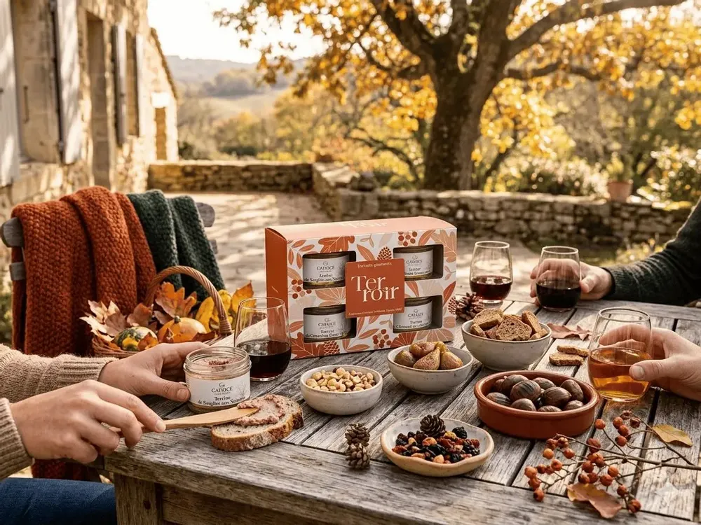 Delicatessen - Terroir Gourmet BOX New for 2026 Venison terrine with chestnuts 100g Pheasant terrine with mushrooms 100g Wild boar terrine with hazelnuts Duck terrine with green pepper 100g - CATRICE GOURMET