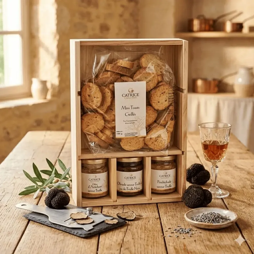 Delicatessen - APERITIF TRUFFLE WOOD BOX Artichoke spread Truffle Flavour 80g Truffle Flavoured Poichichade 80g Black tapenadeTruffle Flavour & Black Truffle Juice 80g Toast 150g Wooden box aperitif tray - CATRICE GOURMET