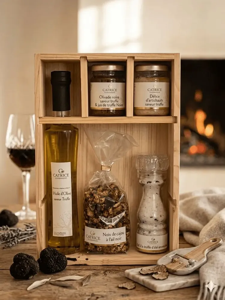 Delicatessen - Truffled Flavors Wood BOX Artichoke delight with truffle flavor 80 g Black olivede truffle flavor & black truffle juice 80 g Truffle flavor olive oil original bottle 20 cl Flavored summer truffle salt 125 g Cashew nuts with black garlic 150 g Wooden bo... - CATRICE GOURMET