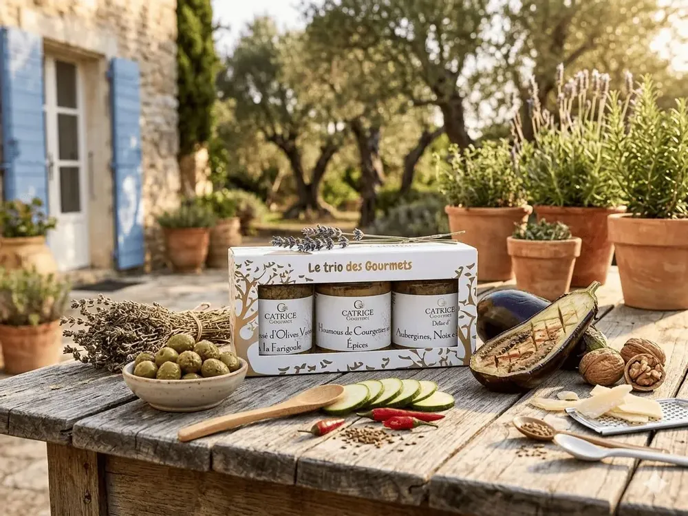 Delicatessen - BOX The trio of Gourmets New for 2026 Eggplant, nuts & parmesan 80g Hummus zucchini & spices 80g Crushed green olives with farigoule 80g - CATRICE GOURMET