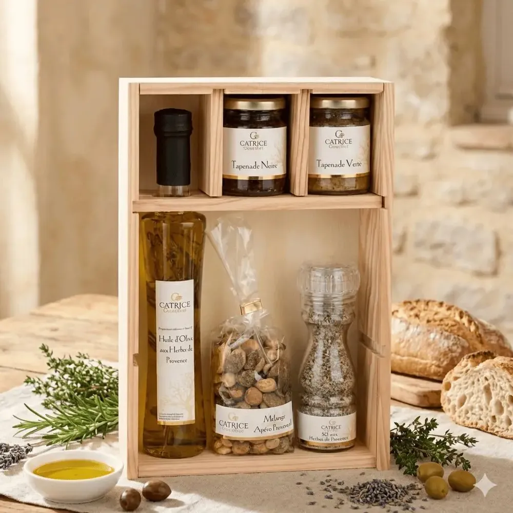 Delicatessen - Wooden BOX Flavors of Provence New Black tapenade 80g Green tapenade 80g Olive oil & "herbes de Provence" (mixed herbs)Salt with Herbs of Provence 90g Provençal Aperitif Mix 150g Wooden box aperitif tray - CATRICE GOURMET