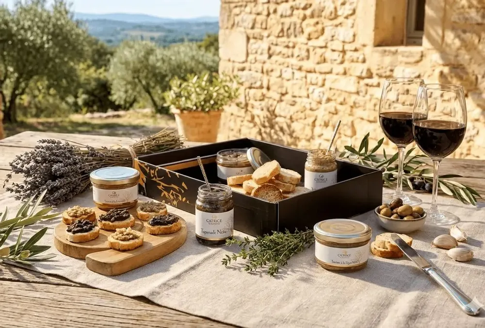Delicatessen - PROVENÇAL APERO BOX 1 Black Tapenade 80g Green tapenade 80g Fig Terrine 100g Farigoule terrine 100g Onions-Pissaladière 100g Toast 75 g - CATRICE GOURMET