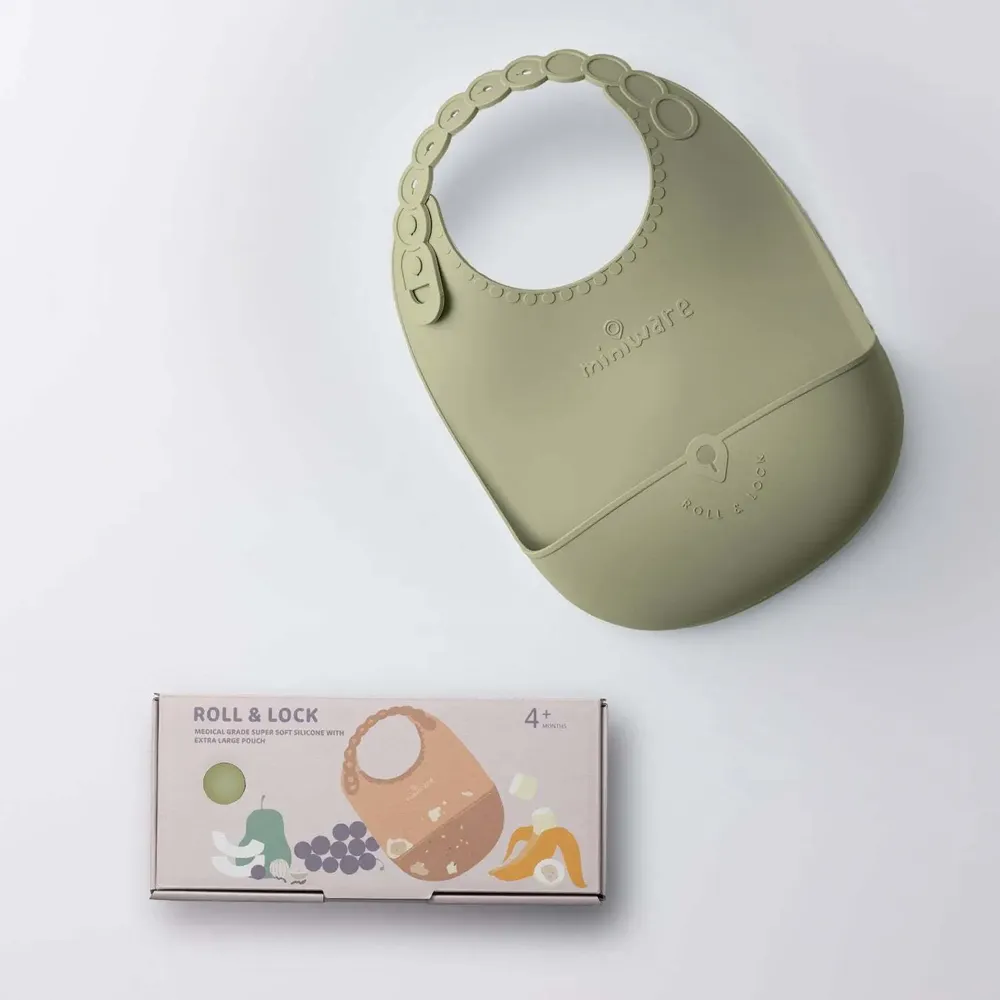 Repas pour enfant - Bavoir en silicone Roll & Lock – Pistache - MINIWARE AB
