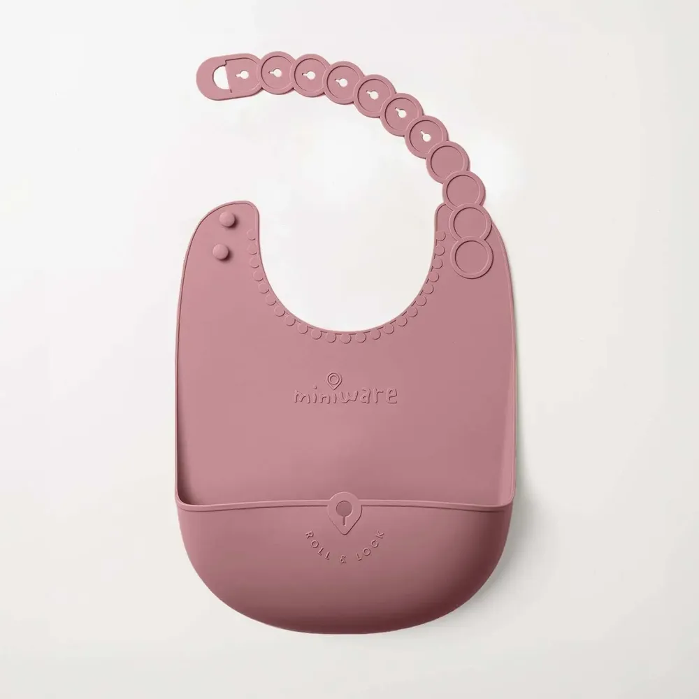 Repas pour enfant - Bavoir en silicone Roll & Lock – Framboise - MINIWARE AB