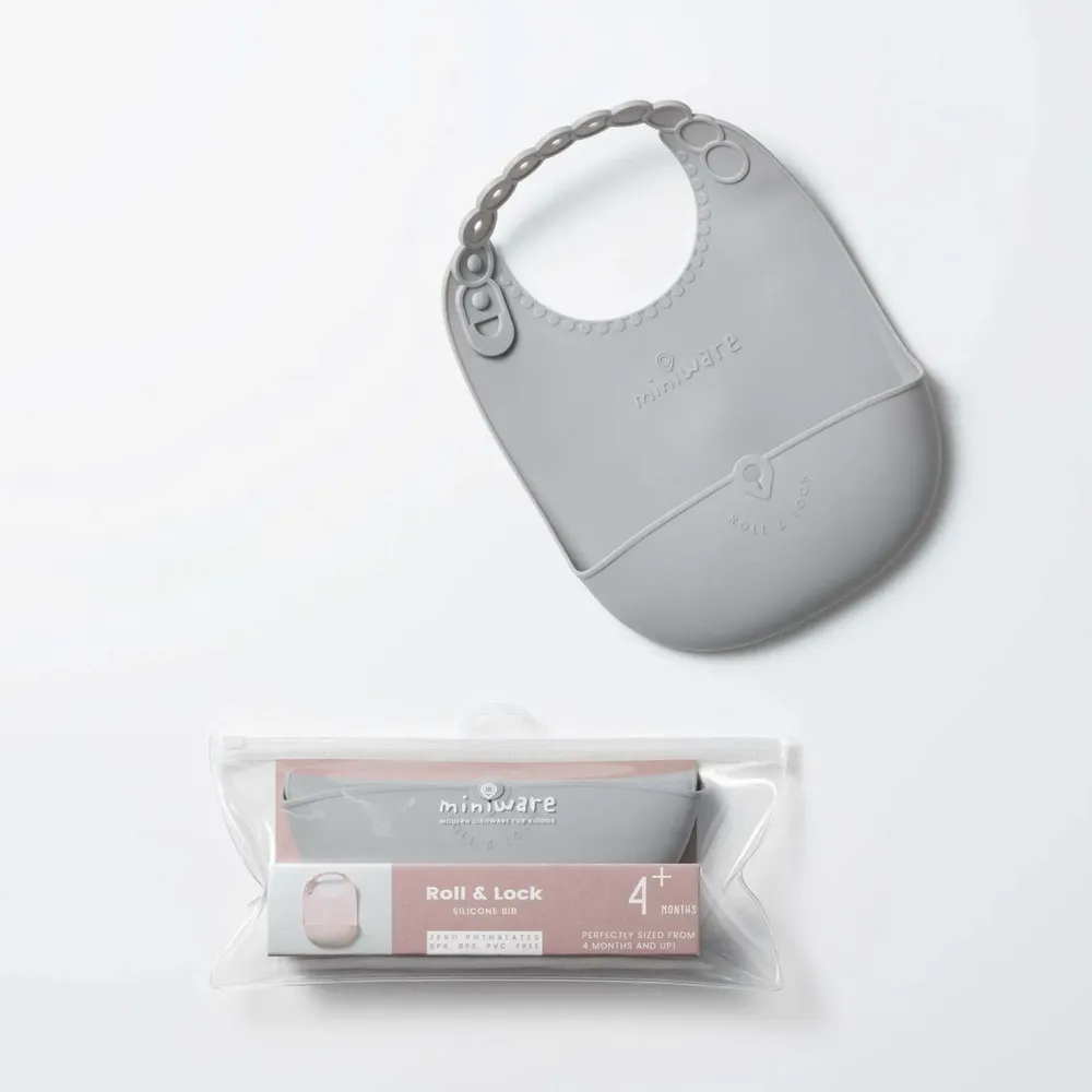 Repas pour enfant - Bavoir en silicone Roll & Lock – Gris - MINIWARE AB