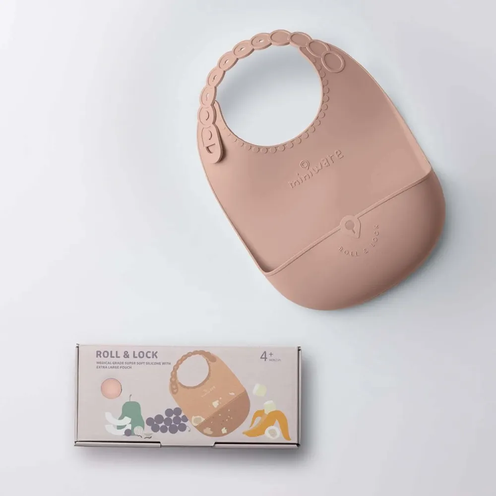 Repas pour enfant - Bavoir en silicone Roll & Lock – Sel rose - MINIWARE AB