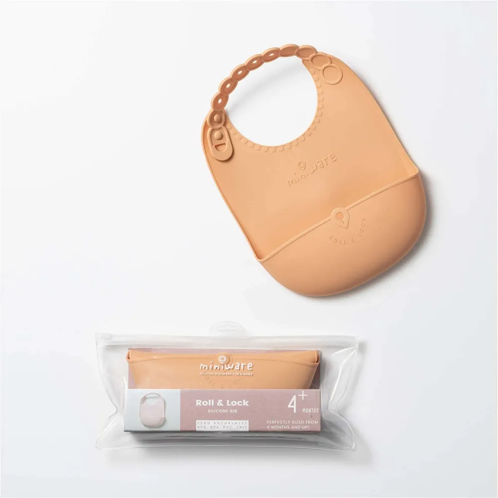 Repas pour enfant - Bavoir en silicone Roll & Lock – Caramel - MINIWARE AB