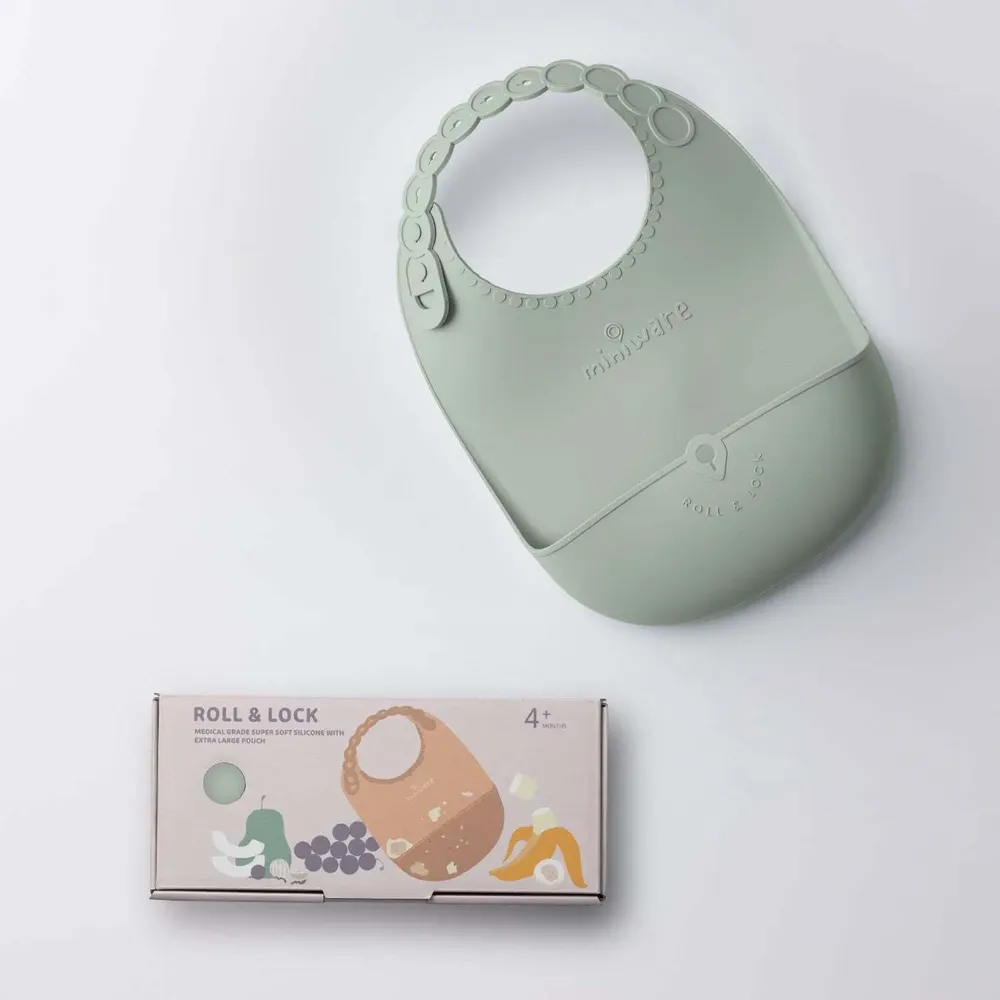 Repas pour enfant - Bavoir en silicone Roll & Lock – Sauge - MINIWARE AB