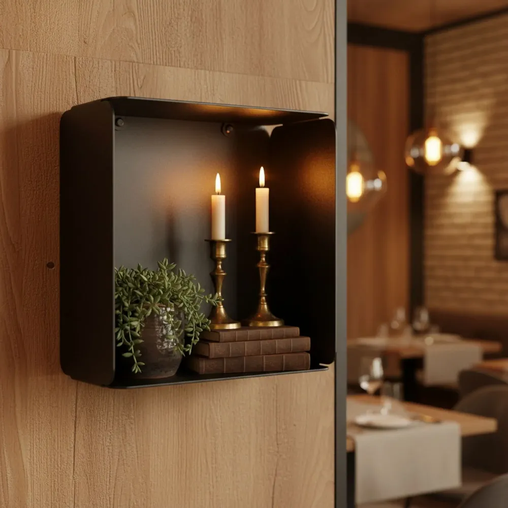 Etagères - ÉTAGÈRE CUBE MURALE EN ACIER AVEC FOND AMÉTHYSTE - DECO-GEM