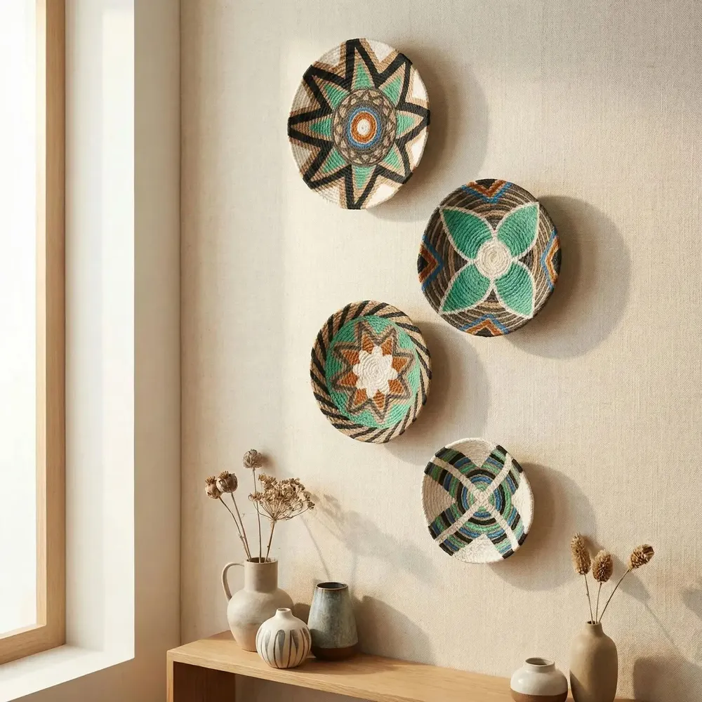 Autres décorations murales - Emerald Horizon : ensemble de 4 assiettes murales en osier faites à la - SARMAL DESIGN