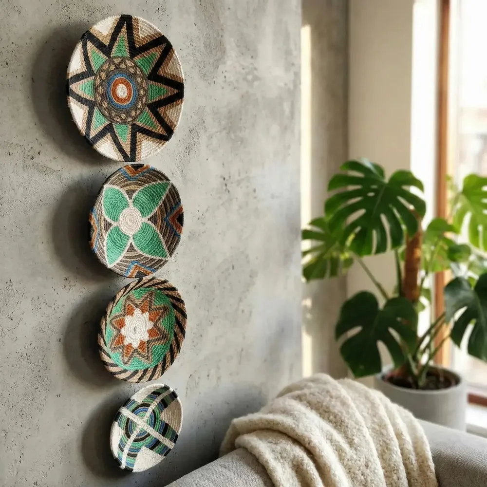 Autres décorations murales - Emerald Horizon : ensemble de 4 assiettes murales en osier faites à la - SARMAL DESIGN
