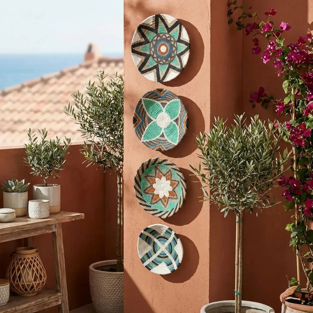 Autres décorations murales - Emerald Horizon : ensemble de 4 assiettes murales en osier faites à la - SARMAL DESIGN