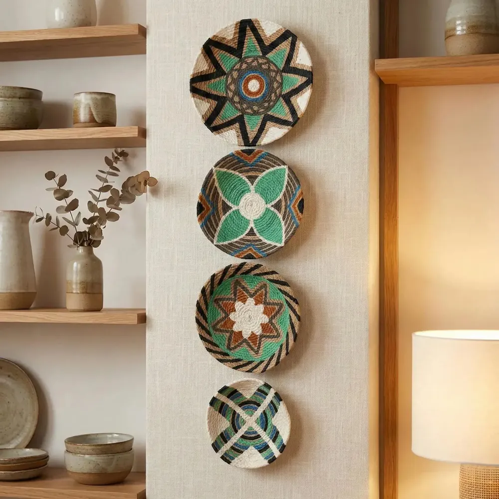 Autres décorations murales - Emerald Horizon : ensemble de 4 assiettes murales en osier faites à la - SARMAL DESIGN