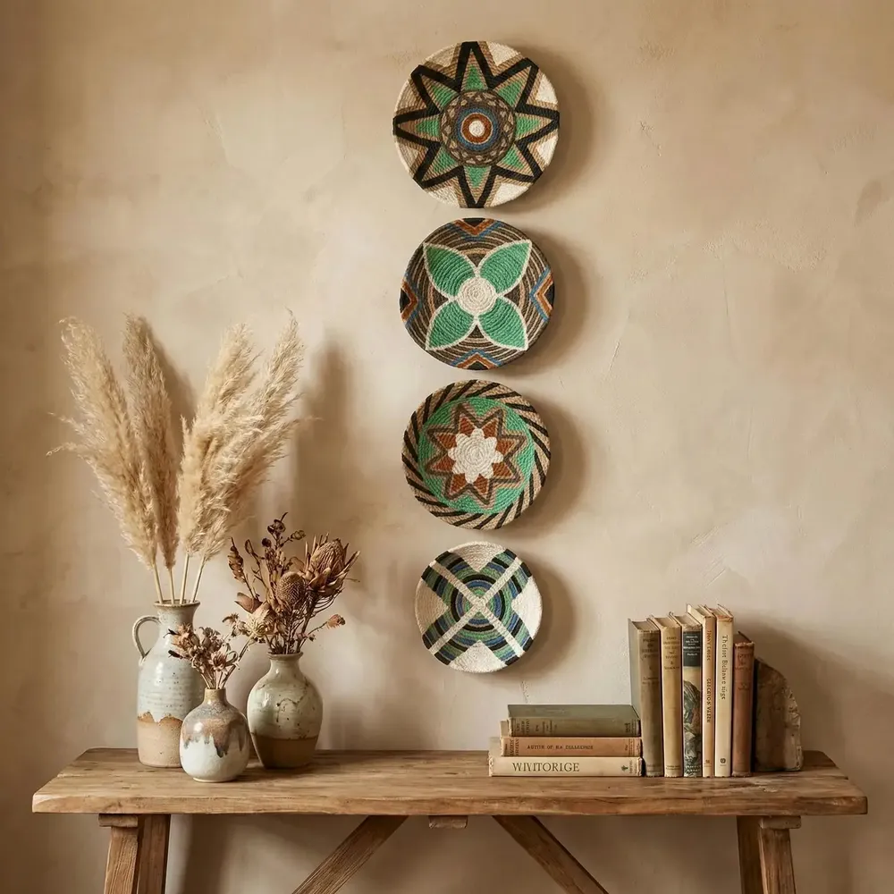 Autres décorations murales - Emerald Horizon : ensemble de 4 assiettes murales en osier faites à la - SARMAL DESIGN