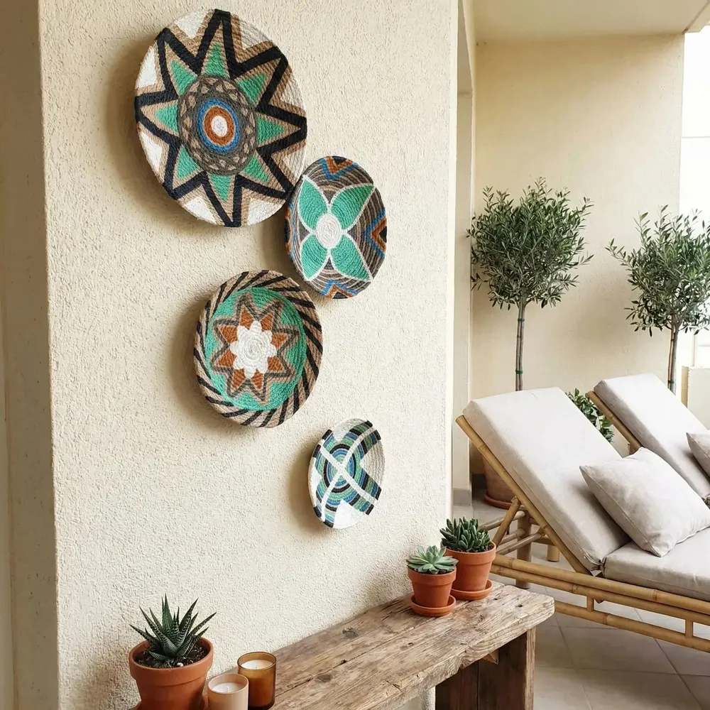 Autres décorations murales - Emerald Horizon : ensemble de 4 assiettes murales en osier faites à la - SARMAL DESIGN