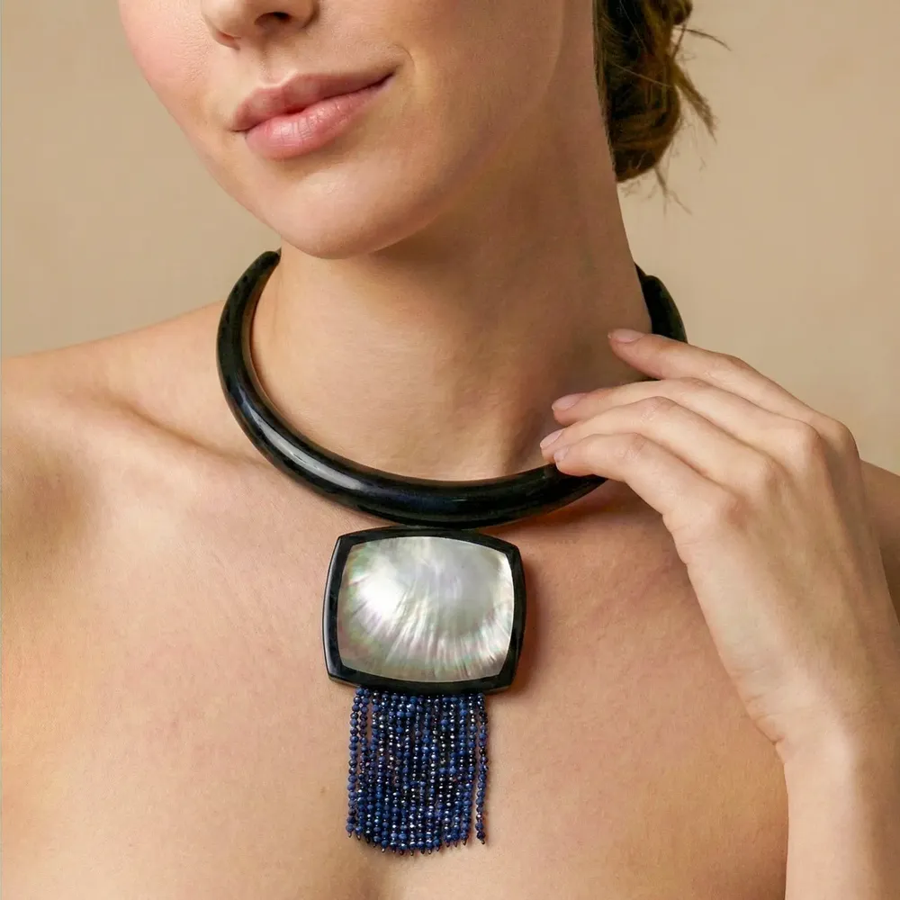 Jewelry - Lapis lazuli & black lip tork necklace - Calypso - NATURE BIJOUX