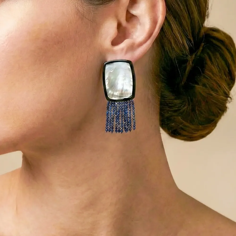 Jewelry - Black lip clip earrings with lapis dangles - Calypso - NATURE BIJOUX