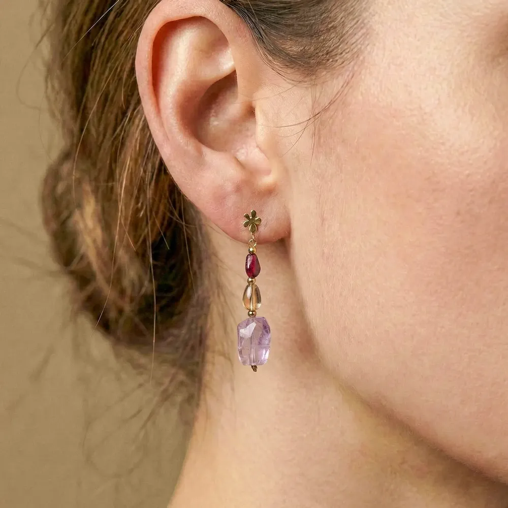 Jewelry - 3 beads pendant post earrings amethyst - Belle De Nuit - NATURE BIJOUX