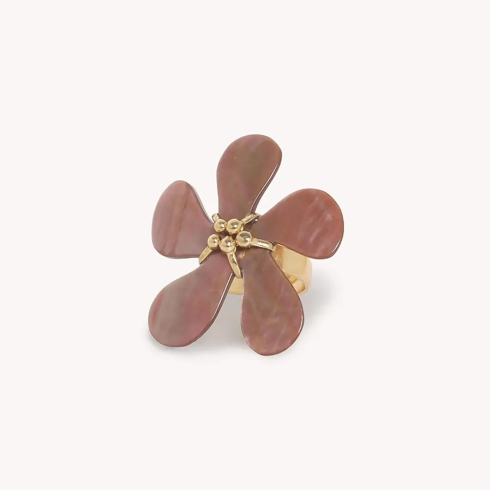 Bijoux - Bague ajustable fleur nacre brune grand modèle - Belle De Nuit - NATURE BIJOUX