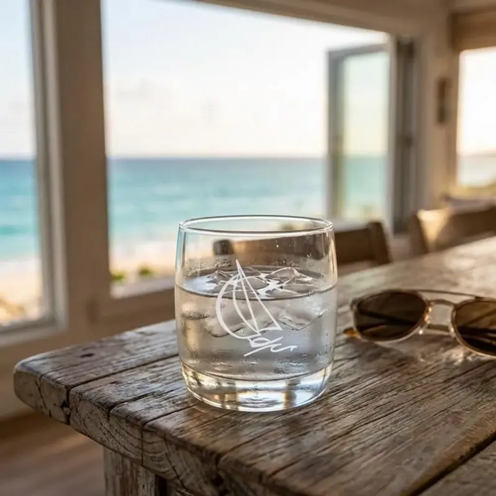 Glass - Seaside glass with sailboat motif - VAGABONDE INTERNATIONAL