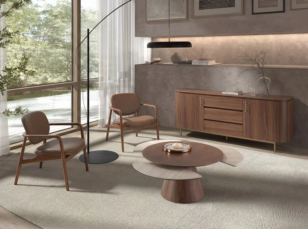 Armchairs - Taupe leatherette and walnut - ANGEL CERDÁ