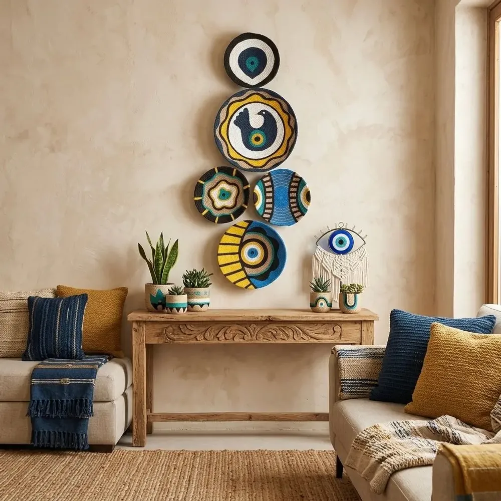 Autres décorations murales - Charme méditerranéen : ensemble de 5 assiettes murales en osier faites - SARMAL DESIGN
