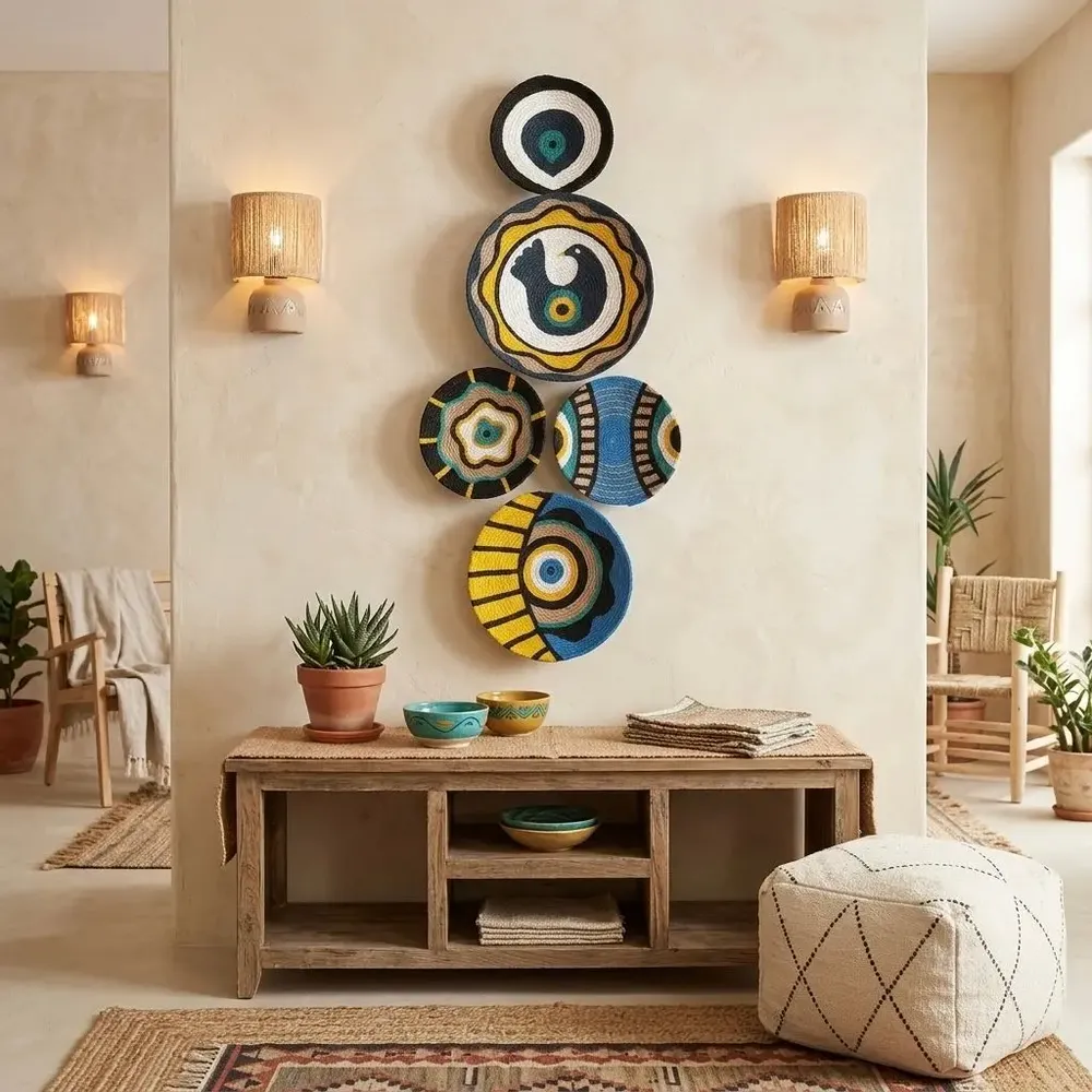Autres décorations murales - Charme méditerranéen : ensemble de 5 assiettes murales en osier faites - SARMAL DESIGN