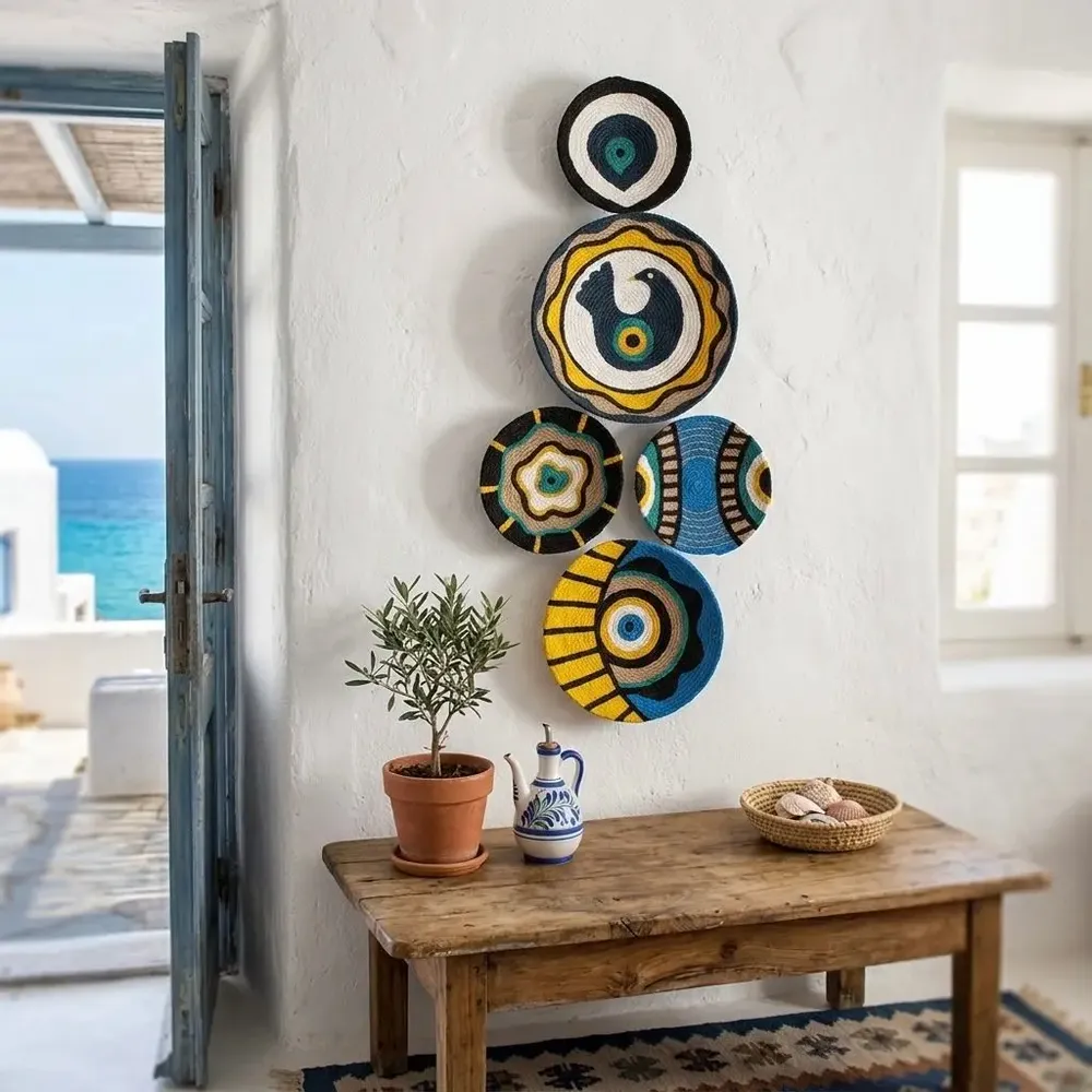 Autres décorations murales - Charme méditerranéen : ensemble de 5 assiettes murales en osier faites - SARMAL DESIGN