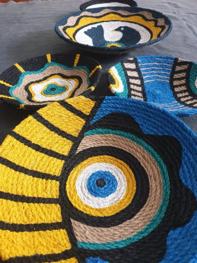 Autres décorations murales - Charme méditerranéen : ensemble de 5 assiettes murales en osier faites - SARMAL DESIGN