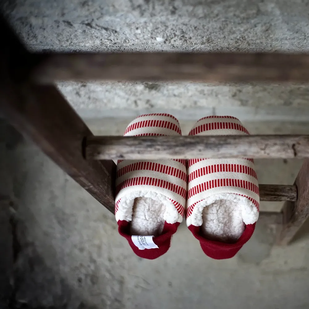 Socks - JAPAN MADE Reversible room shoes / Domino stripes × Sheep Boa - MERIPPA