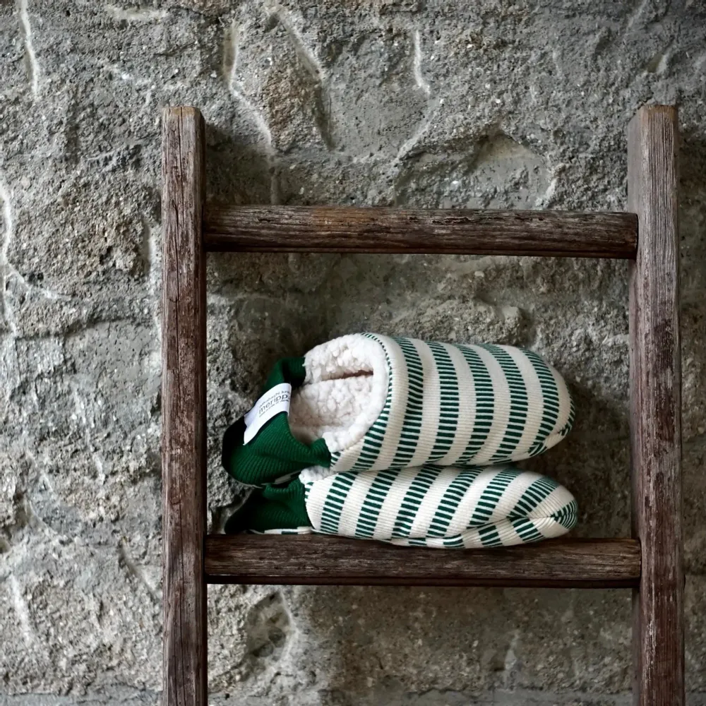 Socks - JAPAN MADE Reversible room shoes / Domino stripes × Sheep Boa - MERIPPA