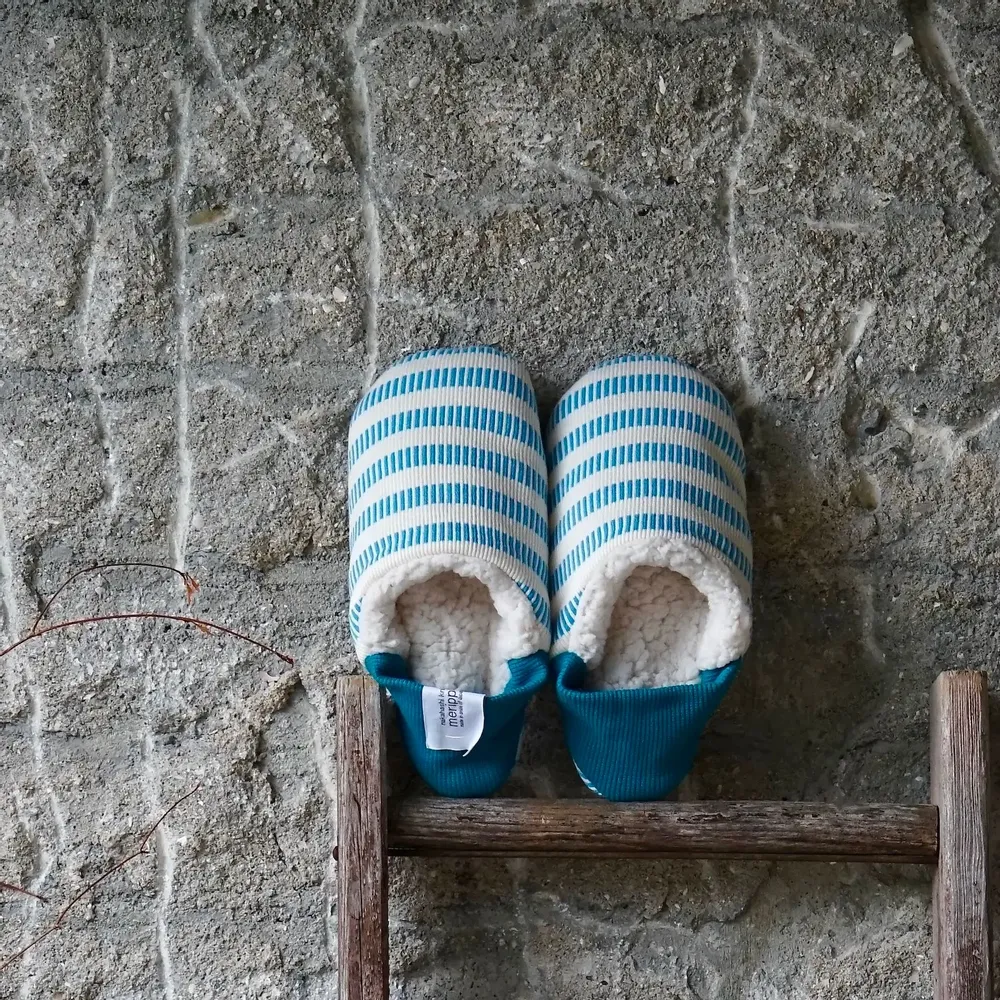 Socks - JAPAN MADE Reversible room shoes / Domino stripes × Sheep Boa - MERIPPA