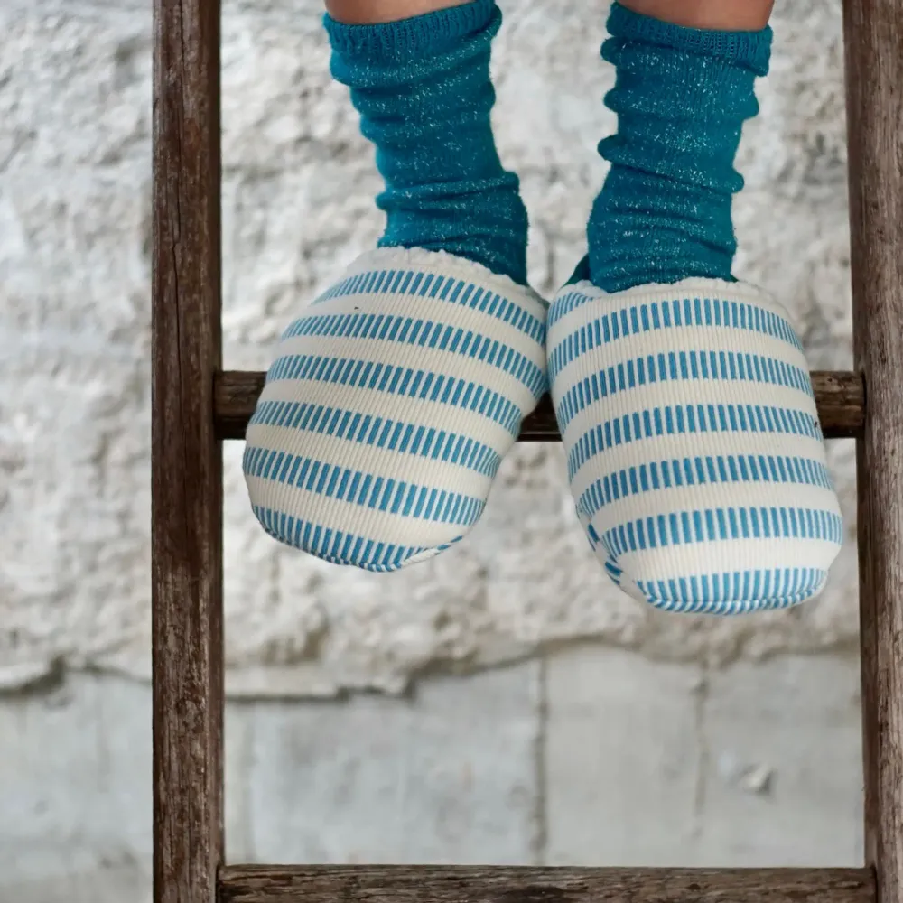 Socks - JAPAN MADE Reversible room shoes / Domino stripes × Sheep Boa - MERIPPA