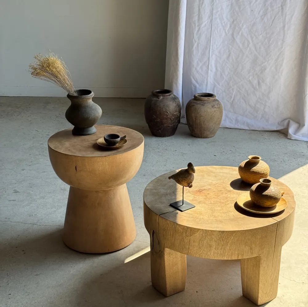 Stools - Side table or stool with hemispherical top in beige mango wood H50 - OFFICE OBJETS