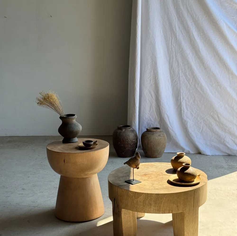 Stools - Side table or stool with hemispherical top in beige mango wood H50 - OFFICE OBJETS