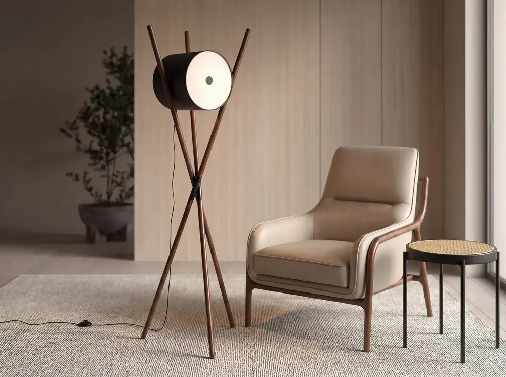 Lampadaires - Lampadaire en bois tapissé en similicuir noir et noyer foncé - ANGEL CERDÁ
