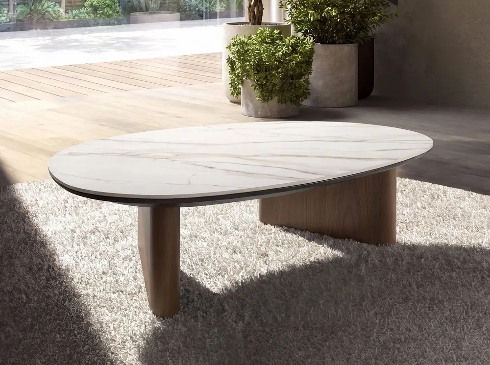 Coffee tables - Organic-Shaped Porcelain Marble and Walnut Coffee Table - ANGEL CERDÁ