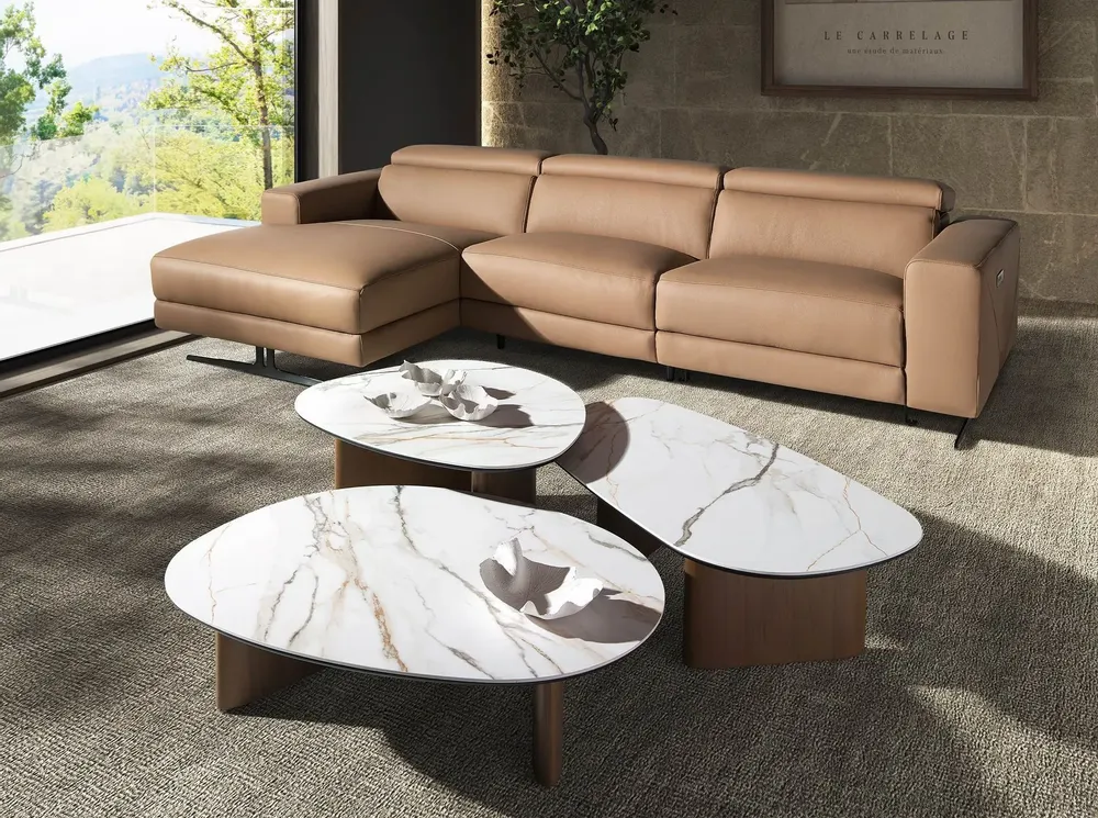 Coffee tables - Organic-Shaped Porcelain Marble and Walnut Coffee Table - ANGEL CERDÁ