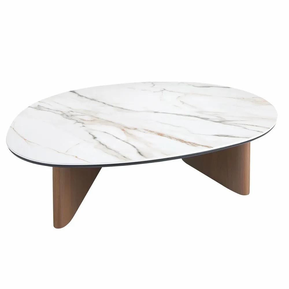 Coffee tables - Organic-Shaped Porcelain Marble and Walnut Coffee Table - ANGEL CERDÁ