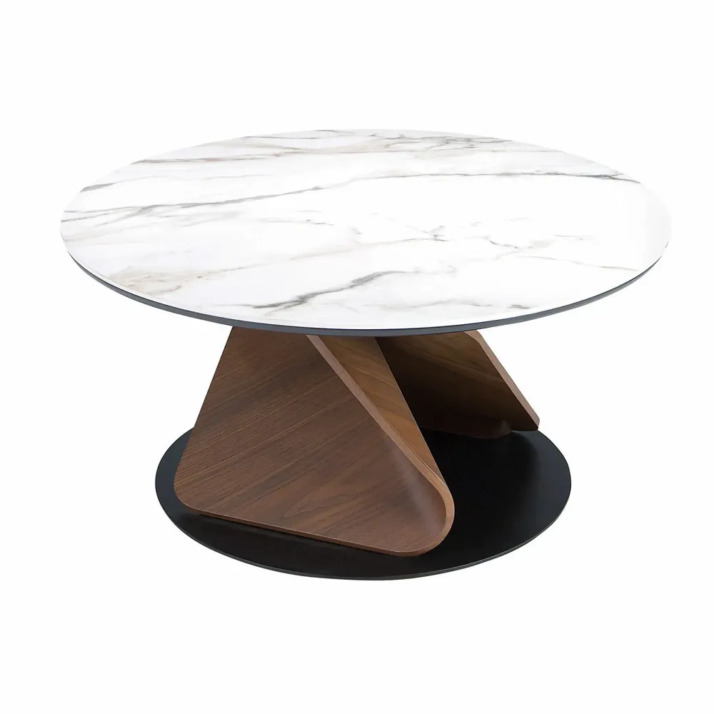 Tables basses - Table basse ronde en marbre céramique, noyer et acier noir - ANGEL CERDÁ